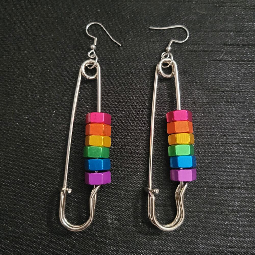 Rainbow hex nut safety pin earrings, stainless steel hooks